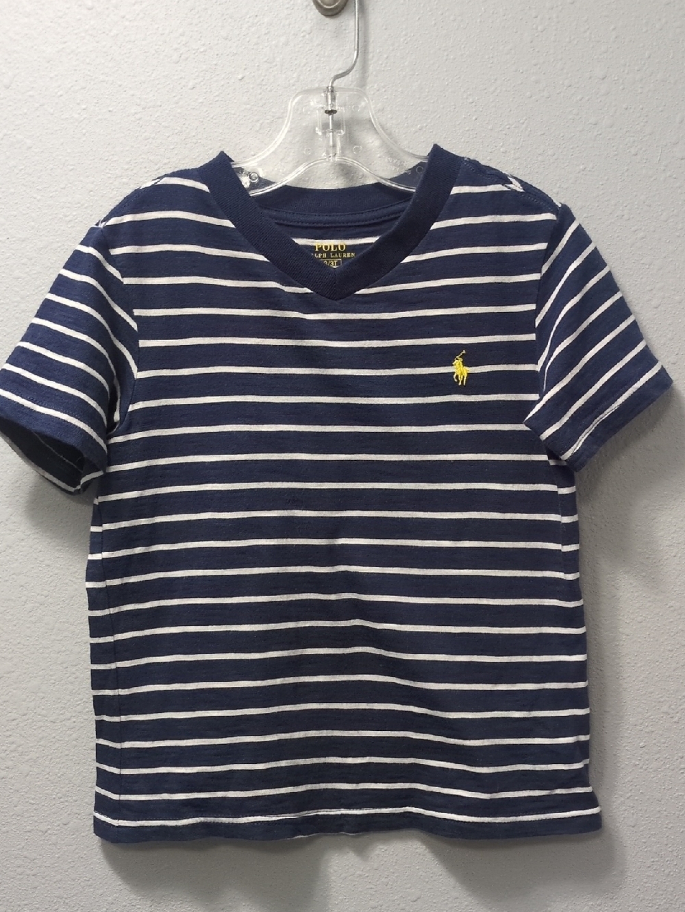 3T Polo by Ralph Lauren Navy & White Striped V-Neck Tee with Yellow Pony